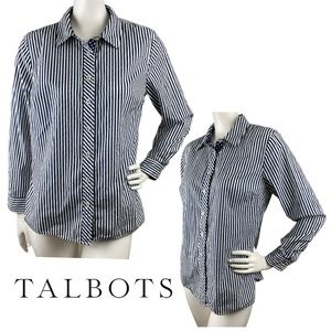 Talbots Navy Blue & White Striped Button Down Collared Shirt Medium Petite MP